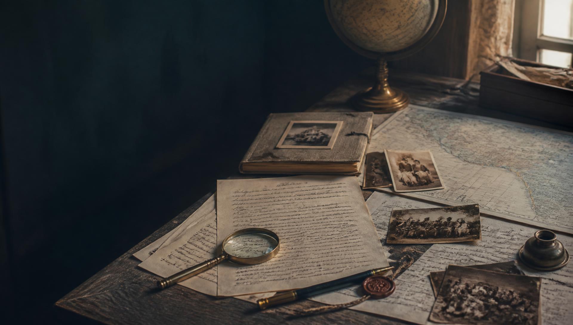 Historic family photographs and handwritten records arranged on an archive table